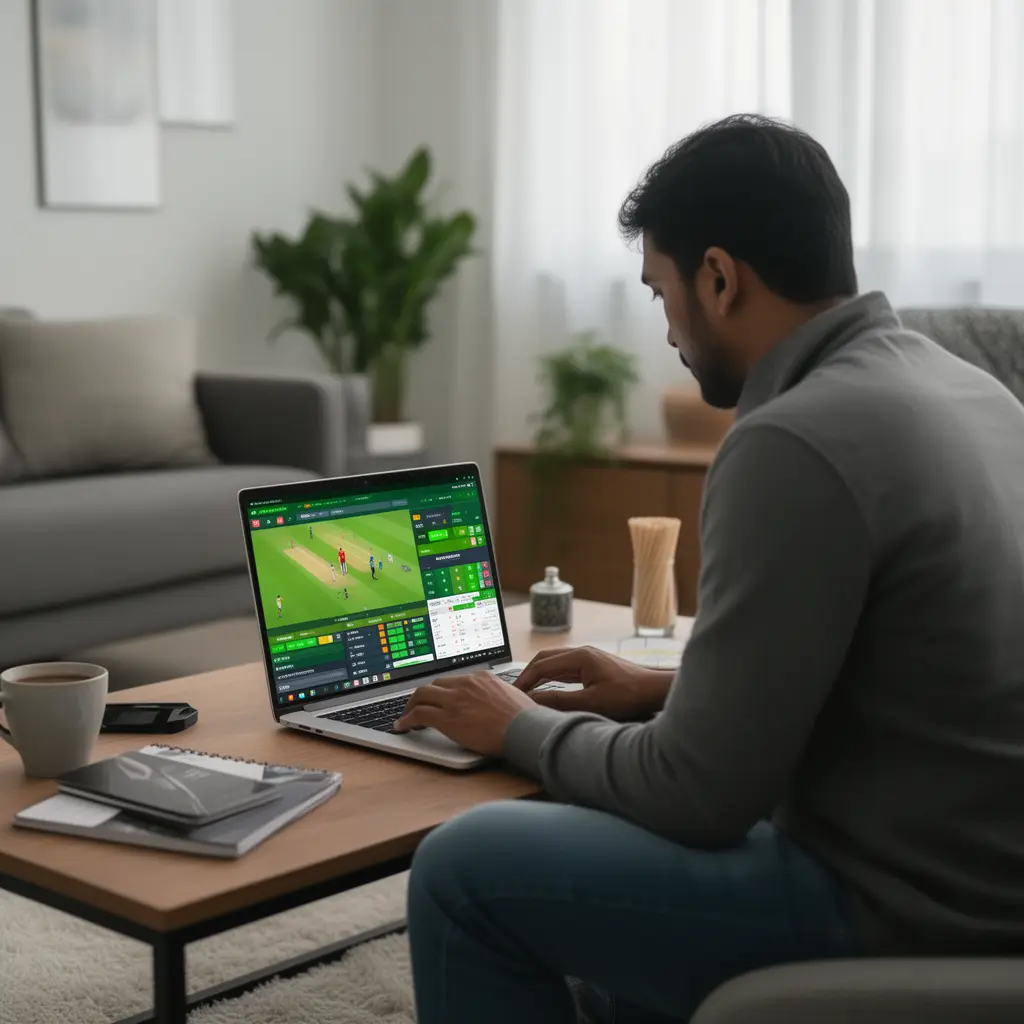 Focused Bangladeshi player placing live sports bets on a laptop with an intuitive interface while watching a cricket match on FB66