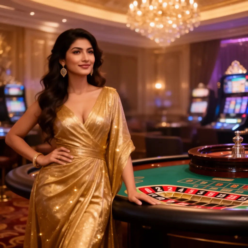 Sophisticated casino atmosphere with a glamorous woman in a gold dress by the roulette table, showcasing the luxury gaming experience at FB66 for players in Bangladesh