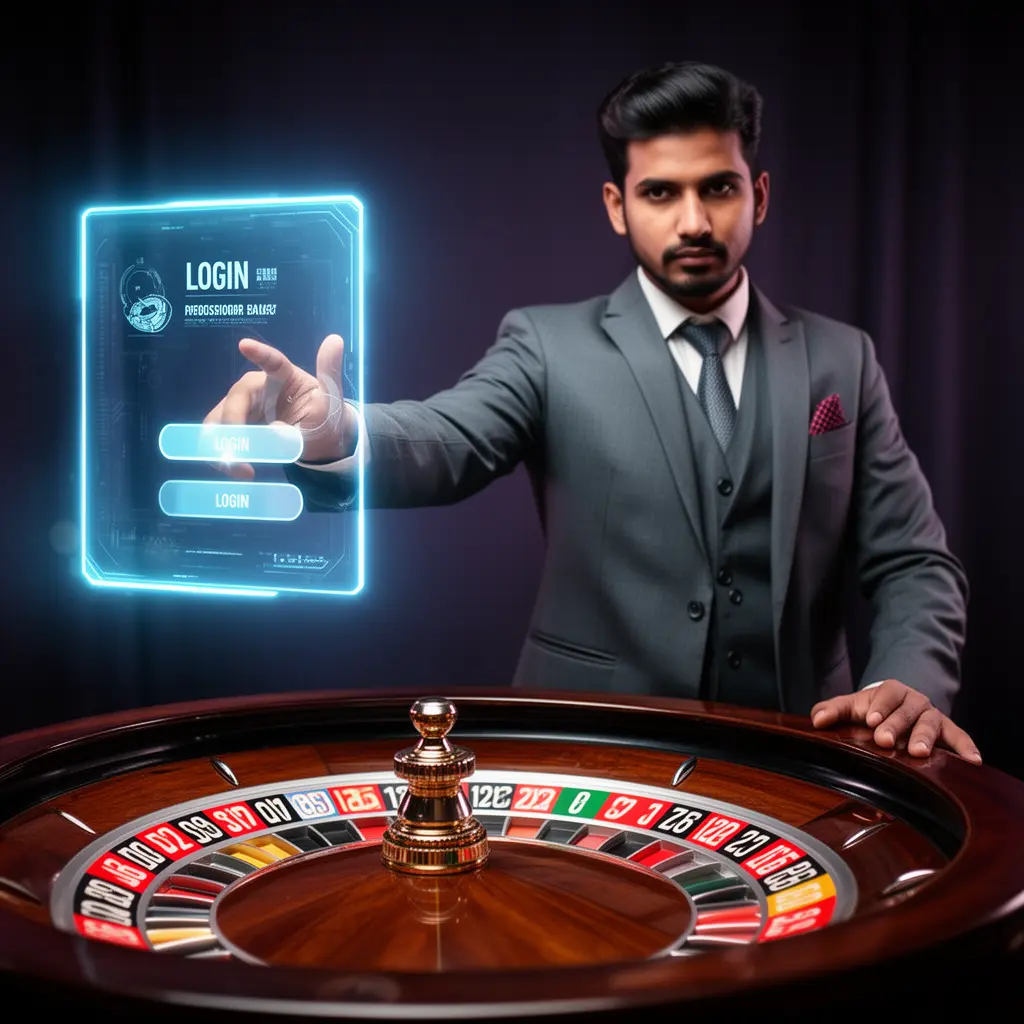 Confident Bangladeshi casino dealer pointing at a glowing holographic FB66 login panel with a roulette table behind him