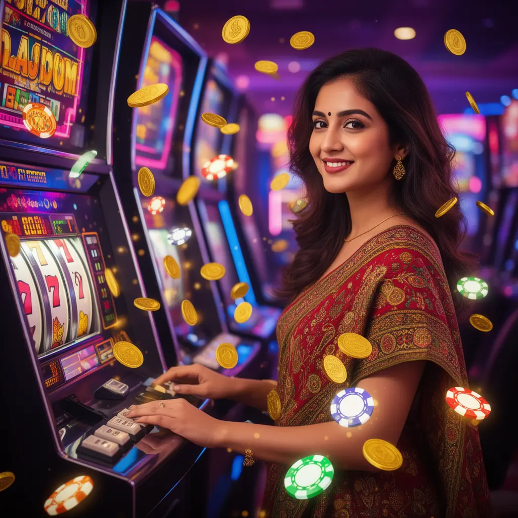 A stylish Bangladeshi player pressing a slot machine button as golden coins rain down, highlighting the immersive casino atmosphere of FB66 online slots